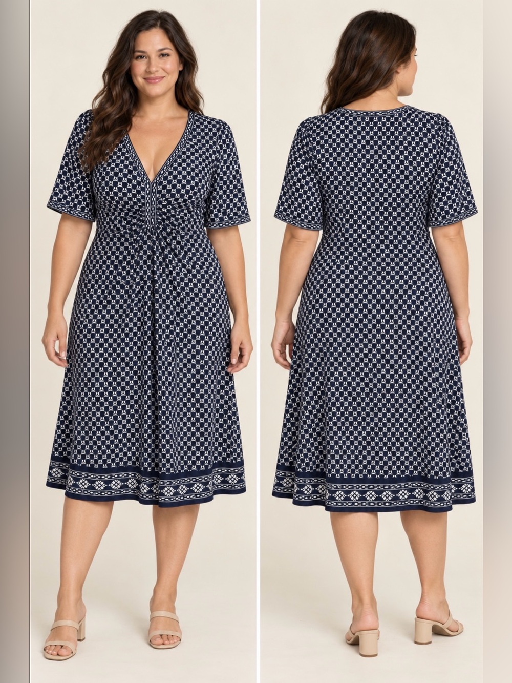 Max Studio XL Navy White Geometric Print V Neck Ruched Stretch Dress